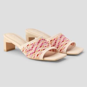 Orange and Pink Woven Block Heel Square Toe Sandal Slide